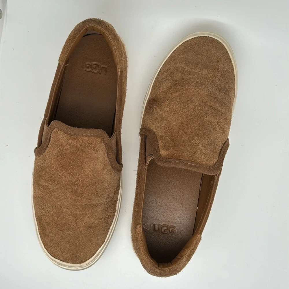 UGG Women's Jass Leather Brown Tan Suede Slip-On Sneakers Shoes‎ Size 7.5